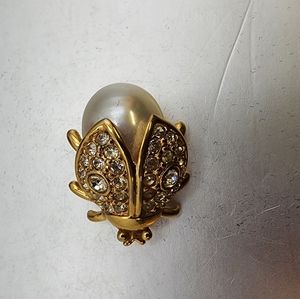 Napier Vintage Gold Tone Clear Rhinestone Ladybug Brooch, Signed